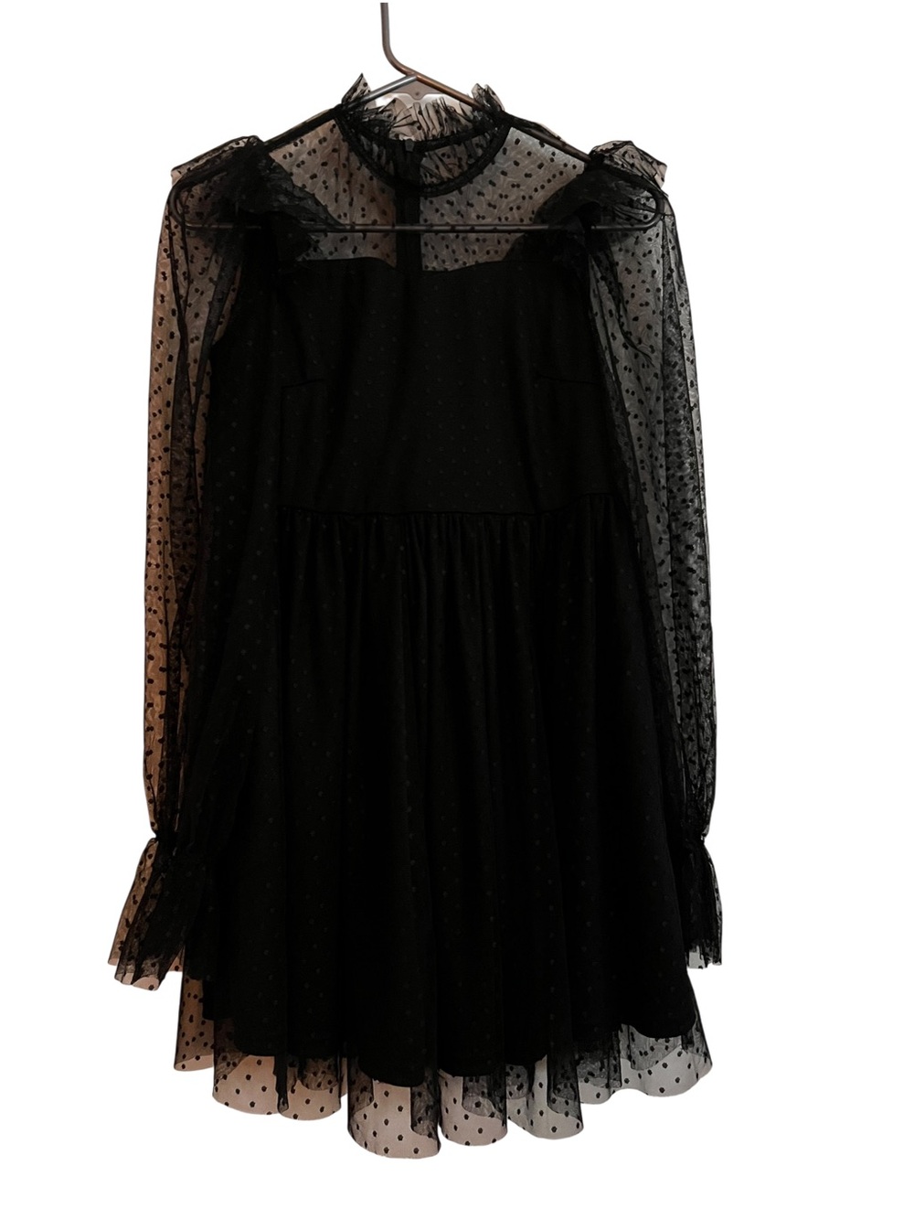 SHEIN Black Sheer Dot Long-Sleeve Ruffle Neck Mini Dress